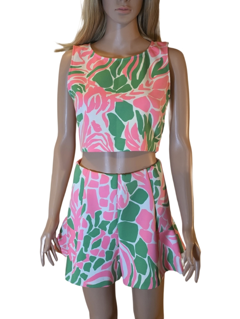 Floral Print Crop Tank Top in Pink & Green
